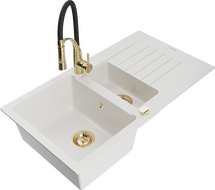 Mexen Matias 1.5-bowl granite sink with drainer and Aster kitchen faucet, white - 6502-20-73450-57-G