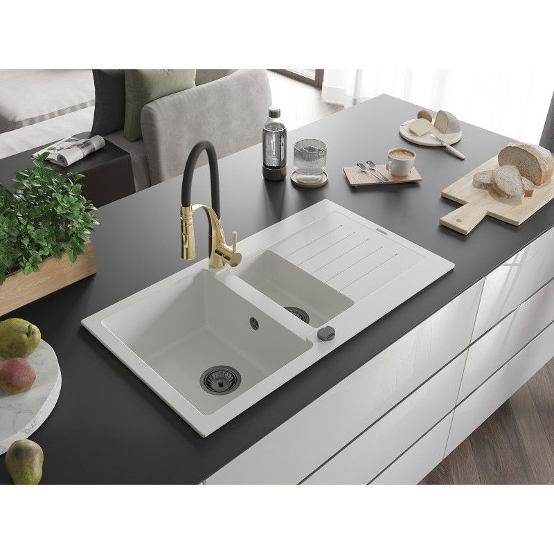 Mexen Matias granite sink 1.5-bowl with drainer and Aster kitchen tap, white - 6502-20-73450-57-B