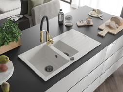 Mexen Matias granite sink 1.5-bowl with drainer and Aster kitchen tap, white - 6502-20-73450-57-B