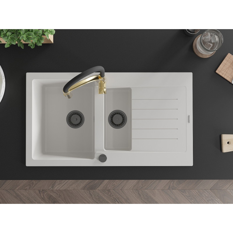 Mexen Matias granite sink 1.5-bowl with drainer and Aster kitchen faucet, white - 6502-20-73450-57-B
