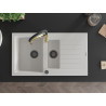 Mexen Matias granite sink 1.5-bowl with drainer and Aster kitchen faucet, white - 6502-20-73450-57-B
