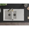 Mexen Matias granite sink 1.5-bowl with drainer and Aster kitchen tap, white - 6502-20-73450-57-B