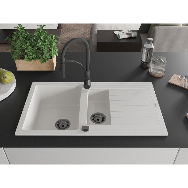 Mexen Matias granite sink 1.5-bowl with drainer and Aster kitchen tap, white - 6502-20-73450-70-B