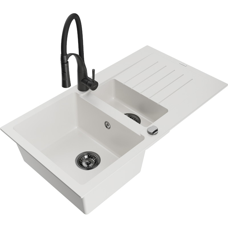 Mexen Matias 1.5-bowl granite sink with drainer and Aster kitchen faucet, white - 6502-20-73450-70-B