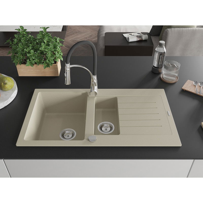 Mexen Matias granite sink 1.5 bowl with drainer and Aster kitchen tap, beige - 6502-69-73450-07