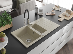 Mexen Matias 1.5-compartment granite sink with a drip tray and kitchen mixer tap Aster, Beige - 6502-69-73450-07