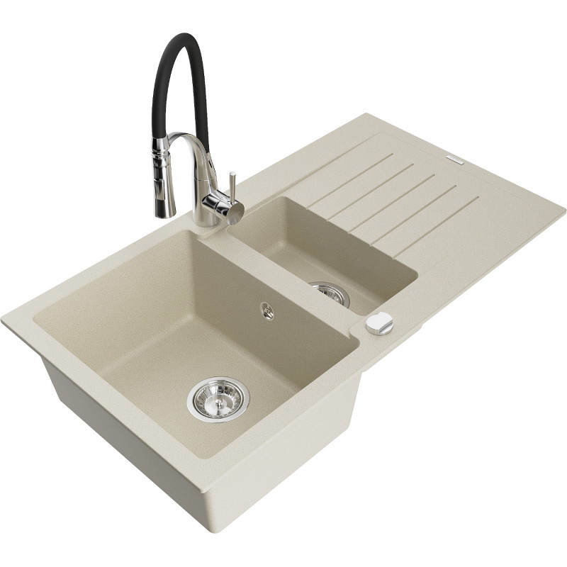 Mexen Matias granite sink 1.5-bowl with drainer and kitchen faucet Aster, beige - 6502-69-73450-07