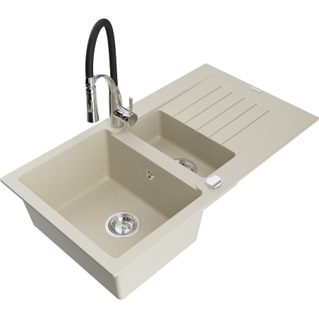 Mexen Matias 1.5-bowl granite sink with drainer and Aster kitchen faucet, beige - 6502-69-73450-07