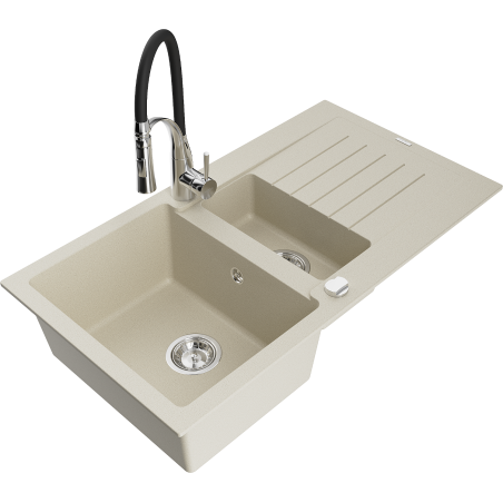 Mexen Matias granite sink 1.5 bowl with drainer and Aster kitchen tap, beige - 6502-69-73450-07