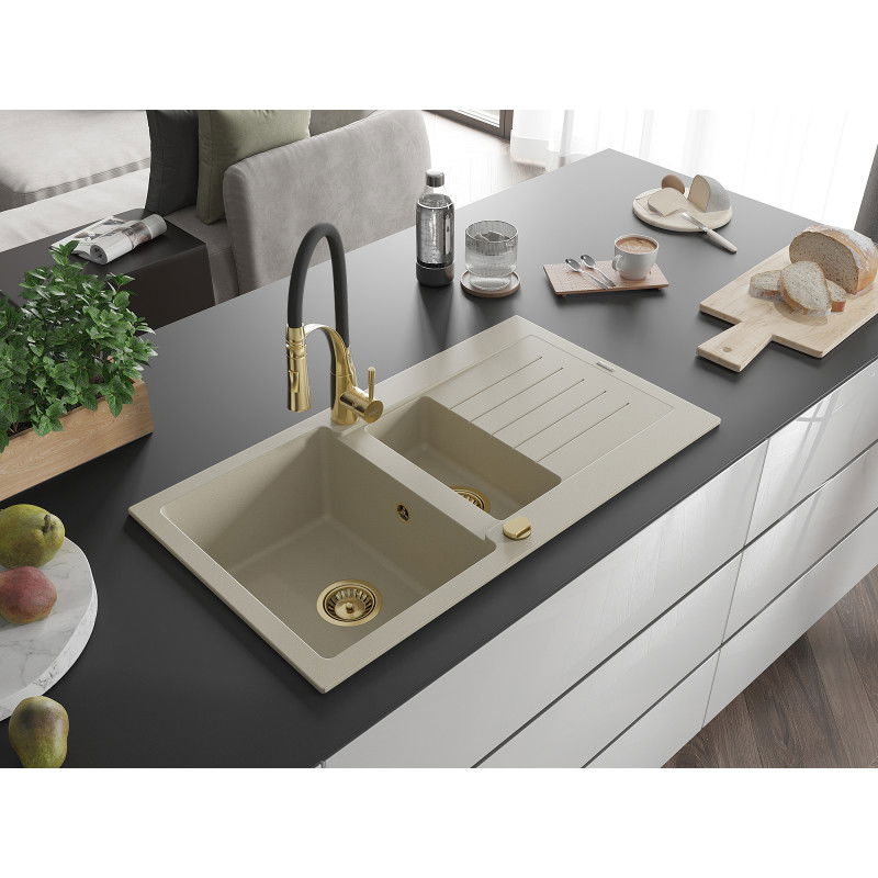 Mexen Matias Granite Kitchen Sink 1.5 Bowl with Drainer and Aster Kitchen Tap, Beige - 6502-69-73450-57-G