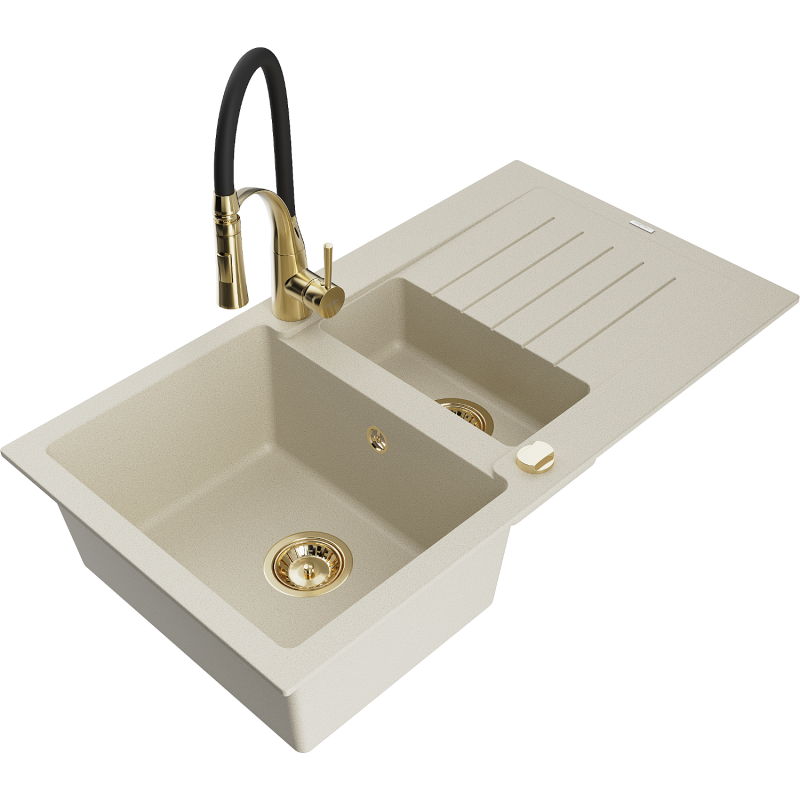 Mexen Matias 1.5-compartment granite sink with a drip tray and kitchen mixer tap Aster, Beige - 6502-69-73450-57-G