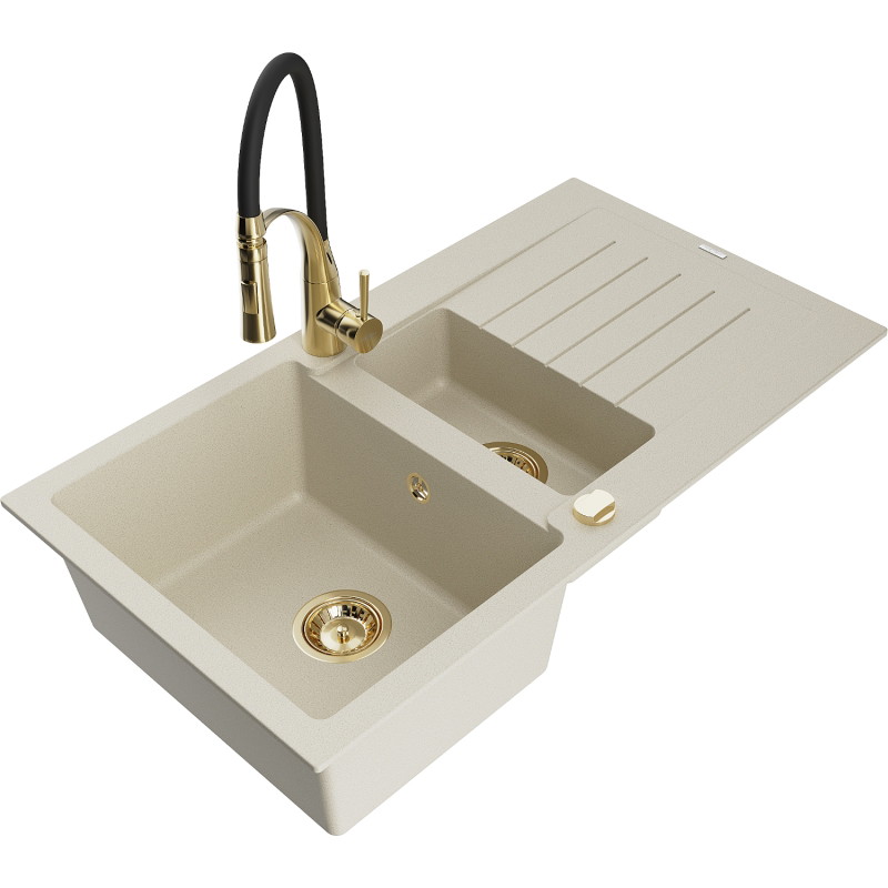 Mexen Matias granite sink 1.5-bowl with drainer and Aster kitchen faucet, beige - 6502-69-73450-57-G