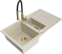 Mexen Matias Granite Kitchen Sink 1.5 Bowl with Drainer and Aster Kitchen Tap, Beige - 6502-69-73450-57-G
