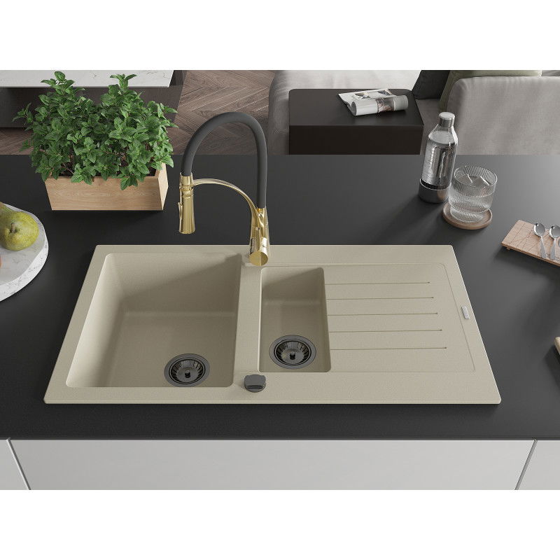 Mexen Matias 1.5-bowl granite kitchen sink with drainer and Aster faucet, beige - 6502-69-73450-57-B