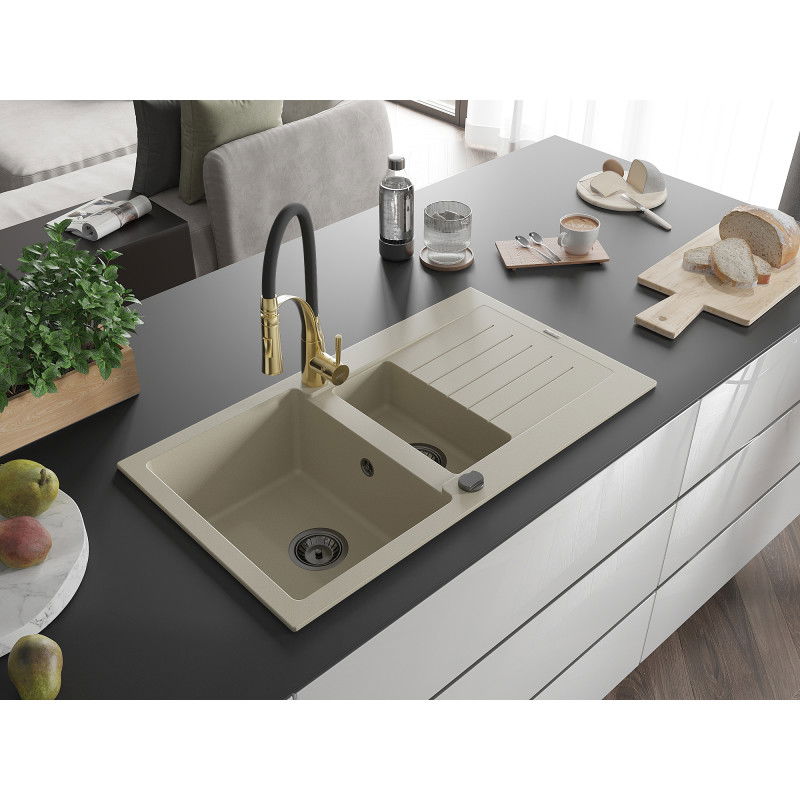 Mexen Matias 1.5-bowl granite kitchen sink with drainer and Aster faucet, beige - 6502-69-73450-57-B