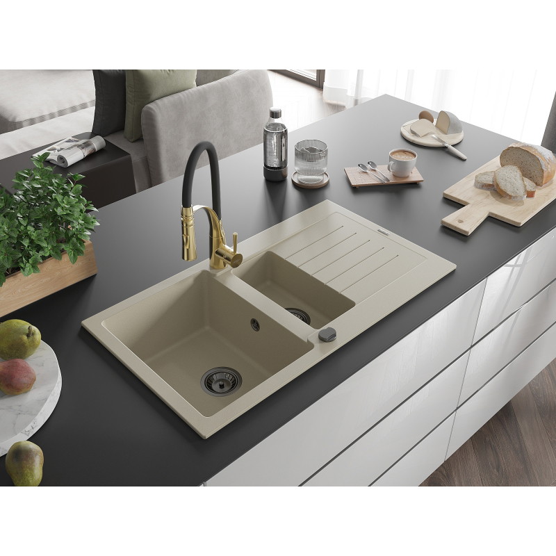 Mexen Matias 1.5-bowl granite sink with drainer and Aster kitchen faucet, beige - 6502-69-73450-57-B