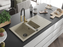 Mexen Matias 1.5-bowl granite kitchen sink with drainer and Aster faucet, beige - 6502-69-73450-57-B