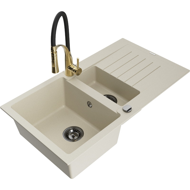 Mexen Matias 1.5-bowl granite sink with drainer and Aster kitchen faucet, beige - 6502-69-73450-57-B