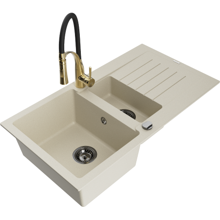 Mexen Matias 1.5-bowl granite sink with drainer and Aster kitchen faucet, beige - 6502-69-73450-57-B
