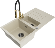 Mexen Matias 1.5-bowl granite sink with drainer and Aster kitchen faucet, beige - 6502-69-73450-57-B