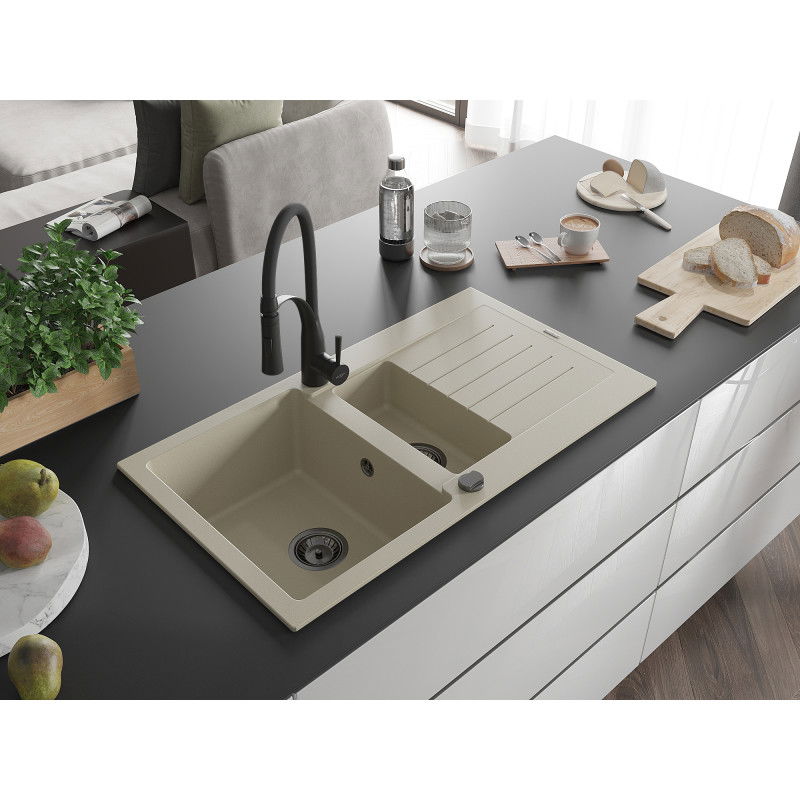 Mexen Matias 1.5-bowl granite sink with drainer and Aster kitchen tap, beige - 6502-69-73450-70-B