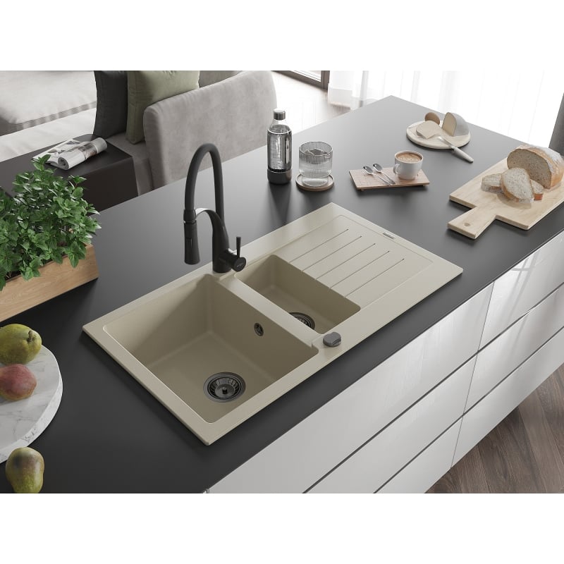 Mexen Matias granite sink 1.5-bowl with drainer and Aster kitchen faucet, beige - 6502-69-73450-70-B