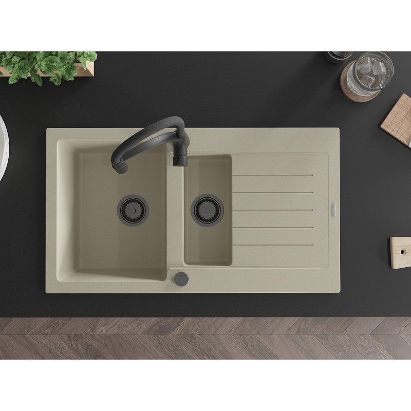Mexen Matias granite sink 1.5-bowl with drainer and kitchen faucet Aster, beige - 6502-69-73450-70-B