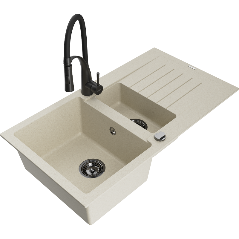 Mexen Matias 1.5-bowl granite sink with drainer and Aster kitchen tap, beige - 6502-69-73450-70-B