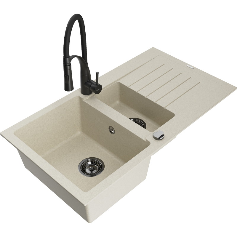Mexen Matias granite sink 1.5-bowl with drainer and kitchen faucet Aster, beige - 6502-69-73450-70-B