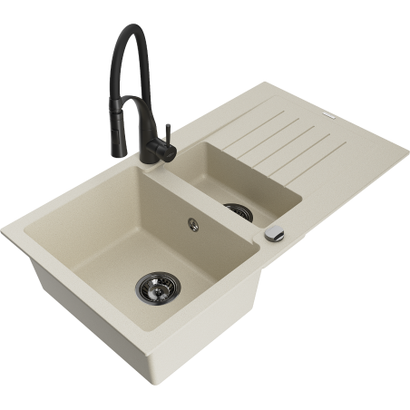 Mexen Matias 1.5-bowl granite sink with drainer and Aster kitchen tap, beige - 6502-69-73450-70-B