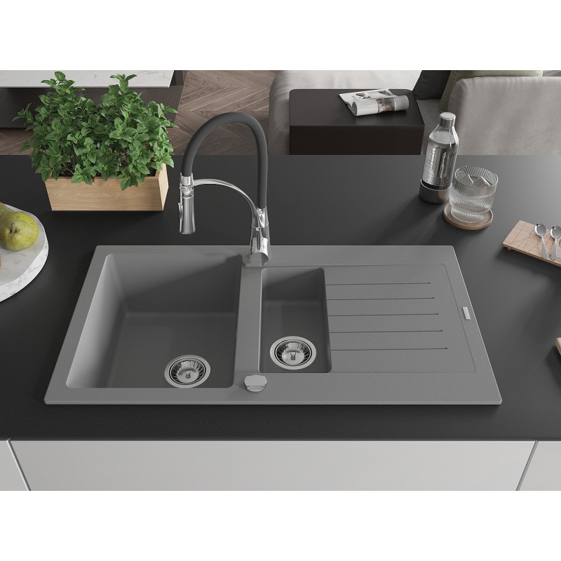 Mexen Matias granite sink 1.5-bowl with drainer and Aster kitchen faucet, gray - 6502-71-73450-07