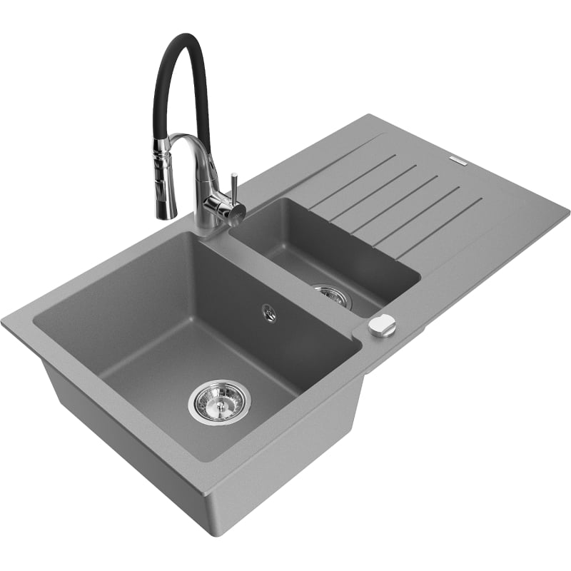 Mexen Matias 1.5-bowl granite sink with drainer and Aster kitchen faucet, gray - 6502-71-73450-07