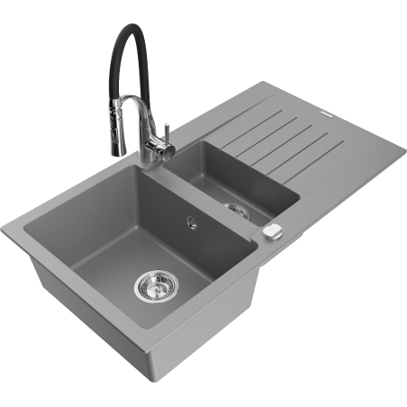 Mexen Matias 1.5-compartment granite sink with a drip tray and kitchen mixer tap Aster, Grey - 6502-71-73450-07