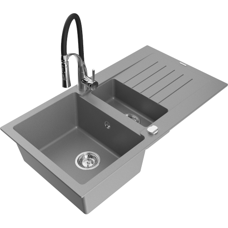Mexen Matias granite sink 1.5-bowl with drainer and Aster kitchen tap, grey - 6502-71-73450-07