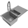 Mexen Matias 1.5-compartment granite sink with a drip tray and kitchen mixer tap Aster, Grey - 6502-71-73450-07