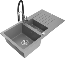 Mexen Matias 1.5-compartment granite sink with a drip tray and kitchen mixer tap Aster, Grey - 6502-71-73450-07