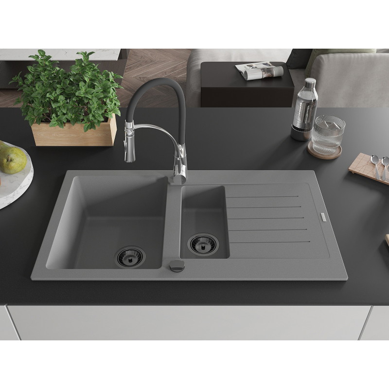 Mexen Matias granite sink 1.5-bowl with drainer and kitchen faucet Aster, gray - 6502-71-73450-07-B