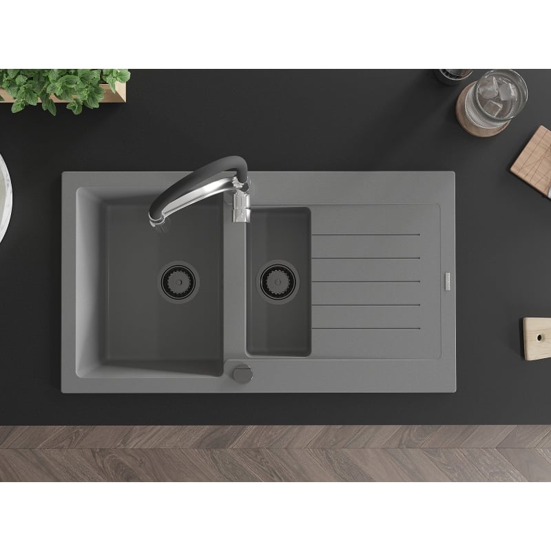 Mexen Matias 1.5-bowl granite sink with drainer and Aster kitchen faucet, gray - 6502-71-73450-07-B