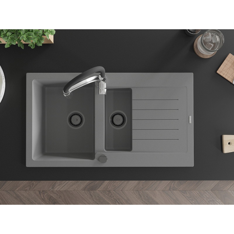 Mexen Matias granite sink 1.5-bowl with drainer and kitchen faucet Aster, gray - 6502-71-73450-07-B