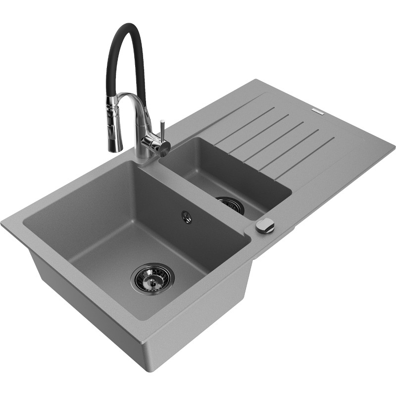 Mexen Matias granite sink 1.5-bowl with drainer and kitchen faucet Aster, gray - 6502-71-73450-07-B