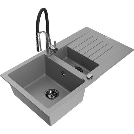Mexen Matias granite sink 1.5-bowl with drainer and kitchen faucet Aster, gray - 6502-71-73450-07-B