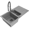 Mexen Matias 1.5-compartment granite sink with a drip tray and kitchen mixer tap Aster, Grey - 6502-71-73450-07-B