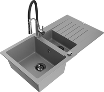 Mexen Matias 1.5-compartment granite sink with a drip tray and kitchen mixer tap Aster, Grey - 6502-71-73450-07-B