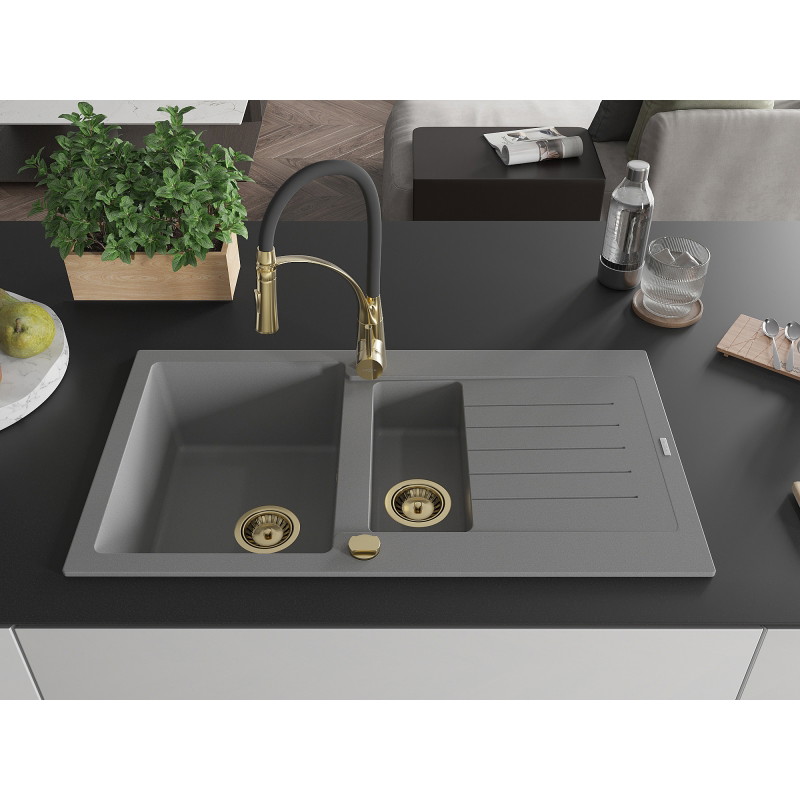 Mexen Matias 1.5-bowl granite sink with drainer and Aster kitchen faucet, gray - 6502-71-73450-57-G