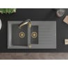 Mexen Matias granite sink 1.5-bowl with drainer and Aster kitchen tap, grey - 6502-71-73450-57-G