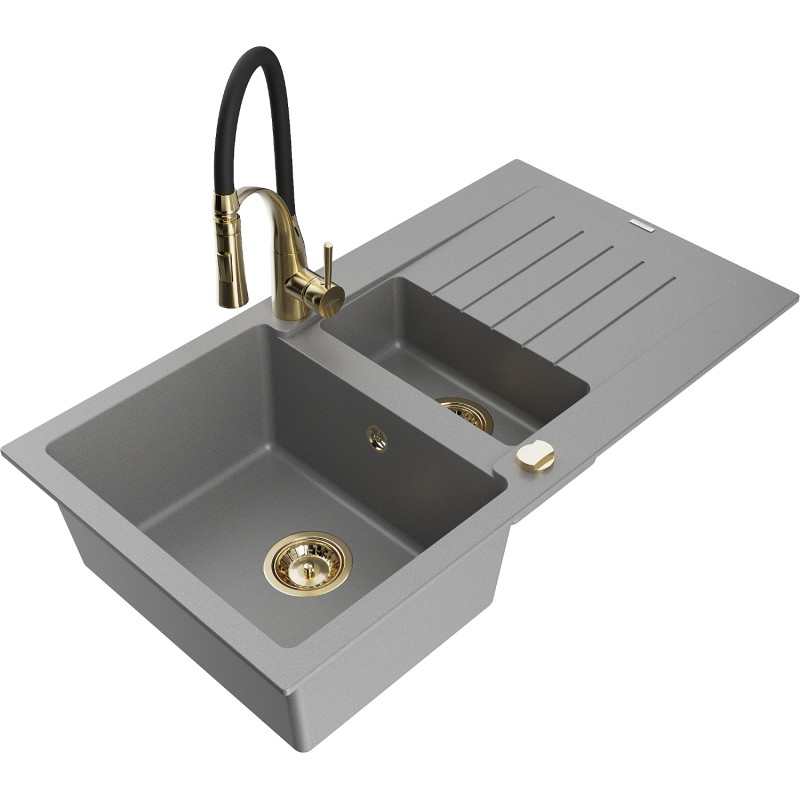 Mexen Matias 1.5-bowl granite sink with drainer and Aster kitchen faucet, gray - 6502-71-73450-57-G