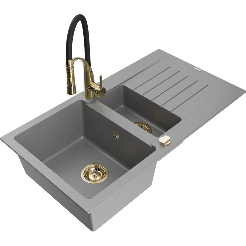 Mexen Matias granite sink 1.5-bowl with drainer and Aster kitchen tap, grey - 6502-71-73450-57-G