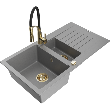 Mexen Matias 1.5-bowl granite sink with drainer and Aster kitchen faucet, gray - 6502-71-73450-57-G