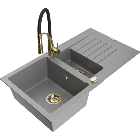 Mexen Matias granite sink 1.5-bowl with drainer and Aster kitchen tap, grey - 6502-71-73450-57-G