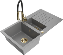 Mexen Matias 1.5-compartment granite sink with a drip tray and kitchen mixer tap Aster, Grey - 6502-71-73450-57-G